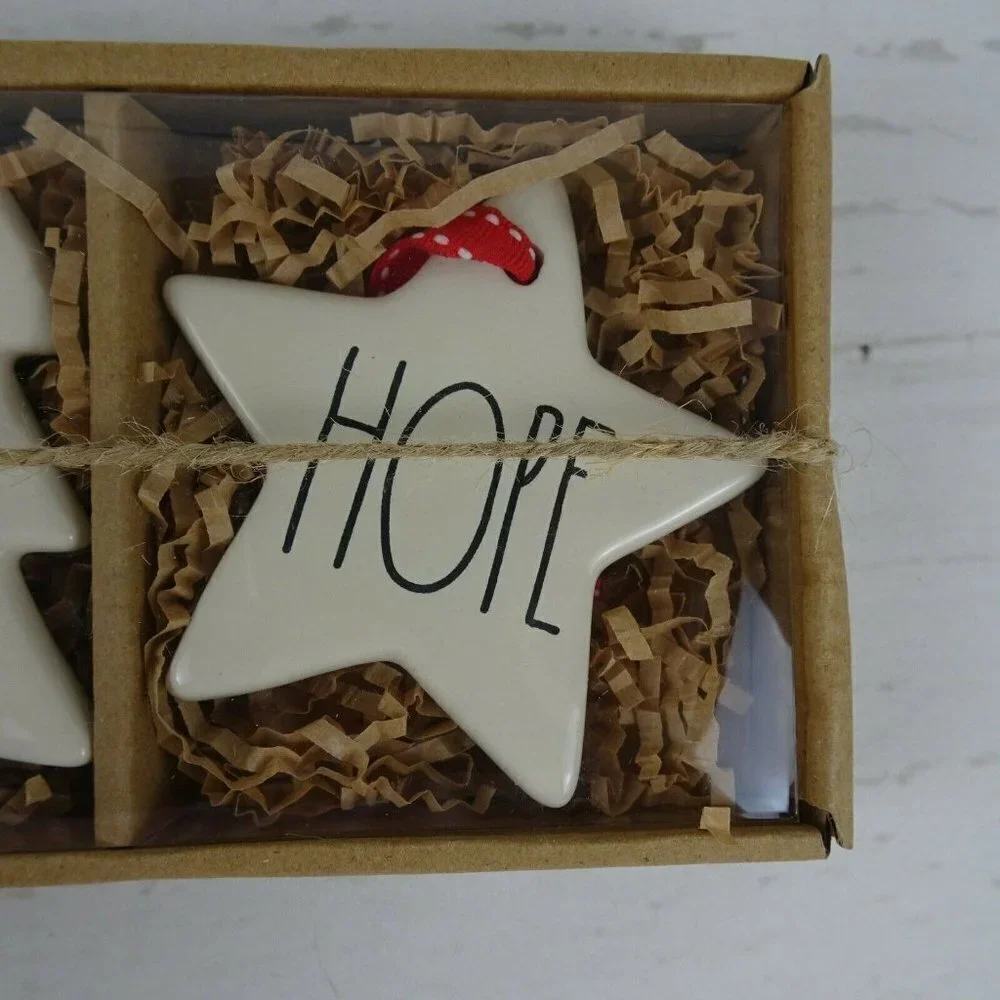 New Rae Dunn 3-PC Christmas Ornaments Ceramic Peace Joy Hope Tree Heart Star Set
